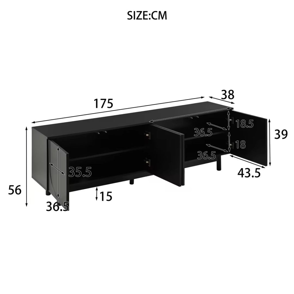 Cassettiera TV nera in MDF e truciolato; lunghezza 175 cm