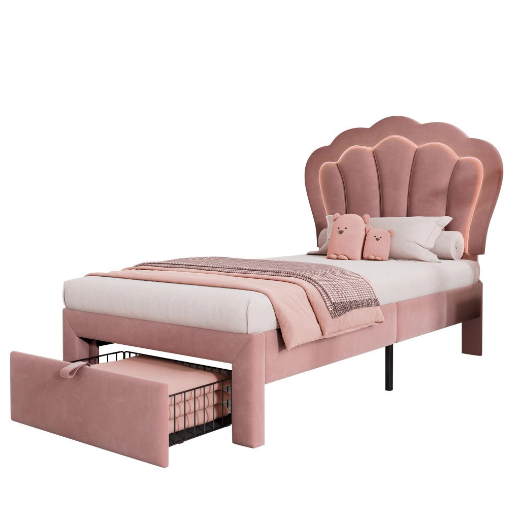Letto Singolo Imbottito con Cassetti e LED ¨C MINIMAL ¨C Velluto Rosa 90x200