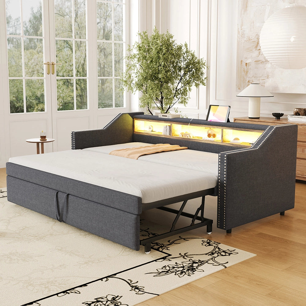 Divano letto - Xylo - 90/180x190 cm LED USB grigio scuro