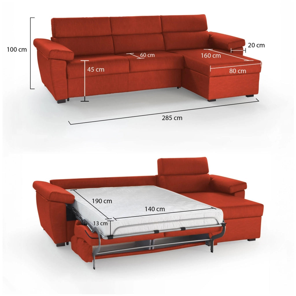Priverno, Divano Letto con Penisola Sfoderabile Made in Italy, 285x160 cm Arancione