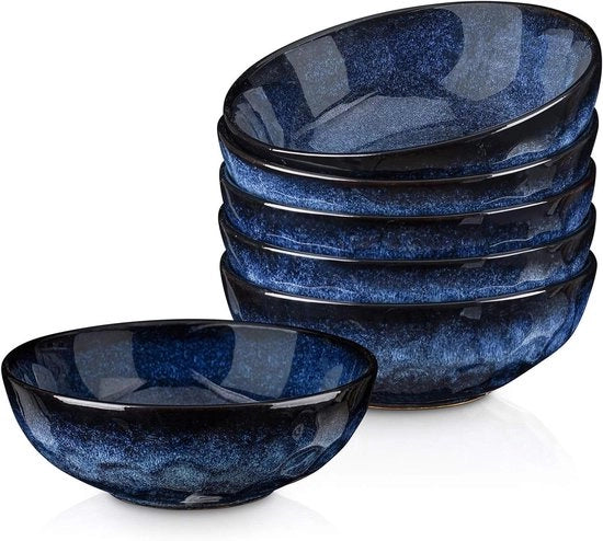 Piatti da Dessert in Ceramica Vintage Look Blu Celeste 6 Pezzi - Servizio per Riso 940 ml