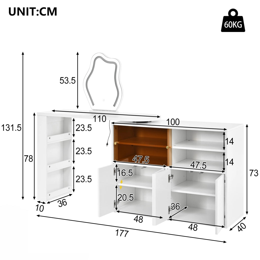 TOELETTO Girevole con specchio LED 177x40x131,5 cm Bianco