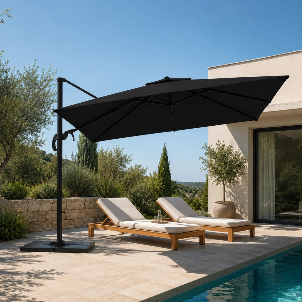 Ombrellone Professionale Per Giardino Terrazza Piscina Gazebo Dehors Bar Hotel Con Braccio Pieghevole Rotazione Completa 360° Tela Impermeabile Protezione Solare UV Acciaio Inossidabile 3x3 M Nero