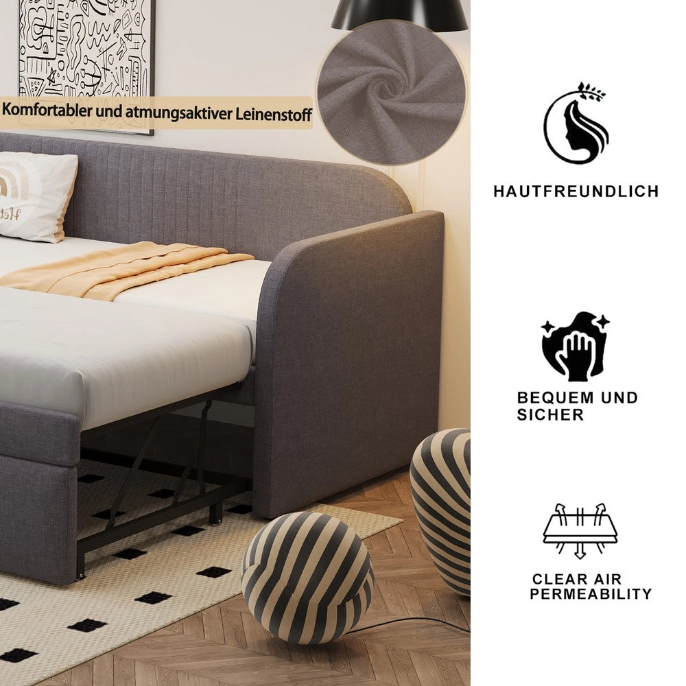 Letto Imbottito Estraibile ¨C MINIMAL ¨C Grigio, Tessuto Lino, Rete a Doghe, 90x190/180x190
