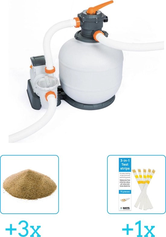 Pompa per filtro sabbioso 58486 - 11.355 litri/ora inclusa imbottitura Interline filtro sabbioso 0,4/0,8mm - Accessori per piscina - 25 kg (3 pezzi) & Strisce di prova WAYS (1 pezzo)