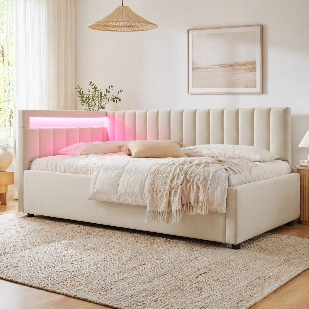 LETTO Contenitore 90x200 cm in velluto beige con LED