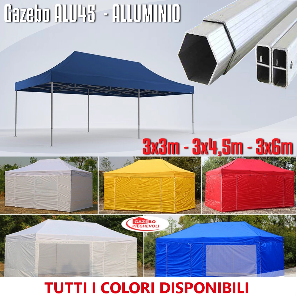 Gazebo 3x3 m blu pieghevole alluminio piantone esagonale 45mm portatile estendibile richiudibile estensibile acciaio con laterali per fiere eventi stand chiosco tenda tendone mercato mercatino    