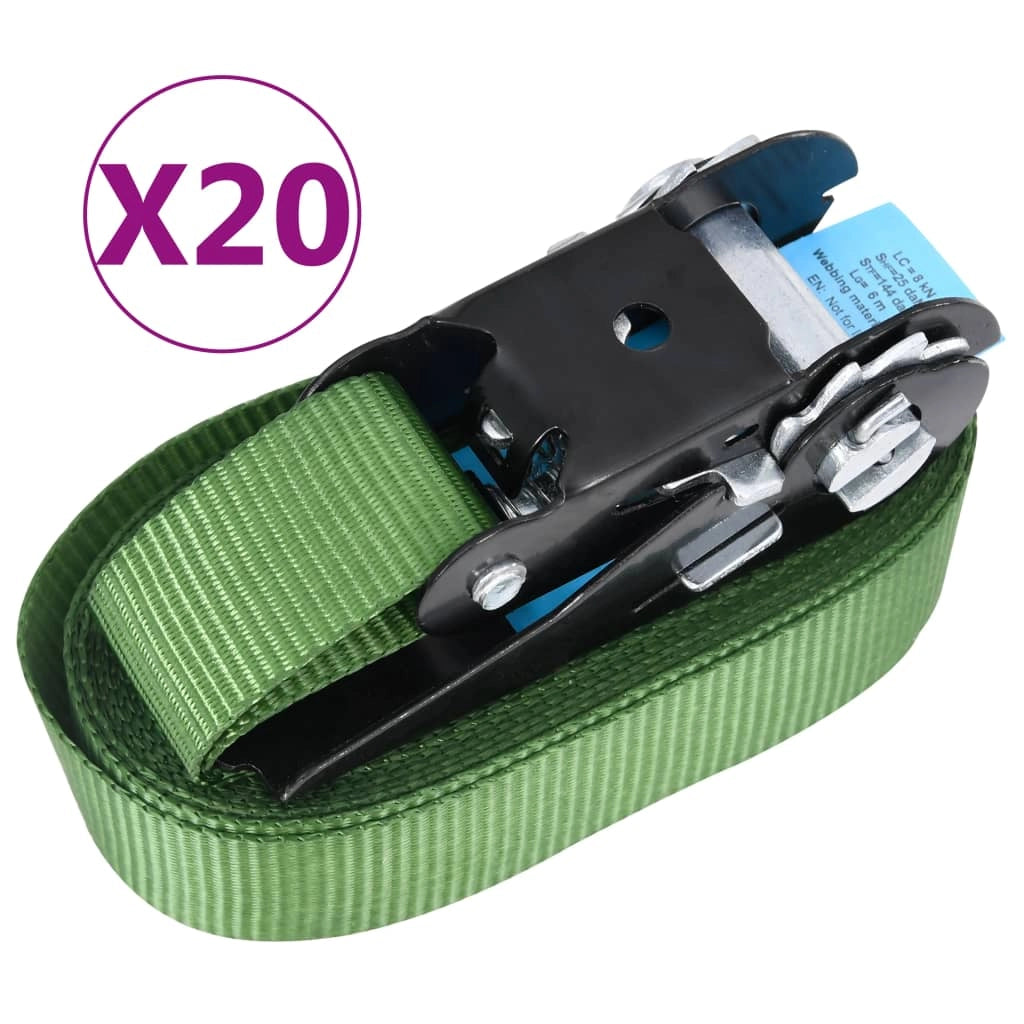 Confezione da 20 cinghie di fissaggio a cricchetto per trasporto stoccaggio cinghie per rimorchi e fissaggio di motociclette e automobili. 800 daN 6 m verde 02_0003547