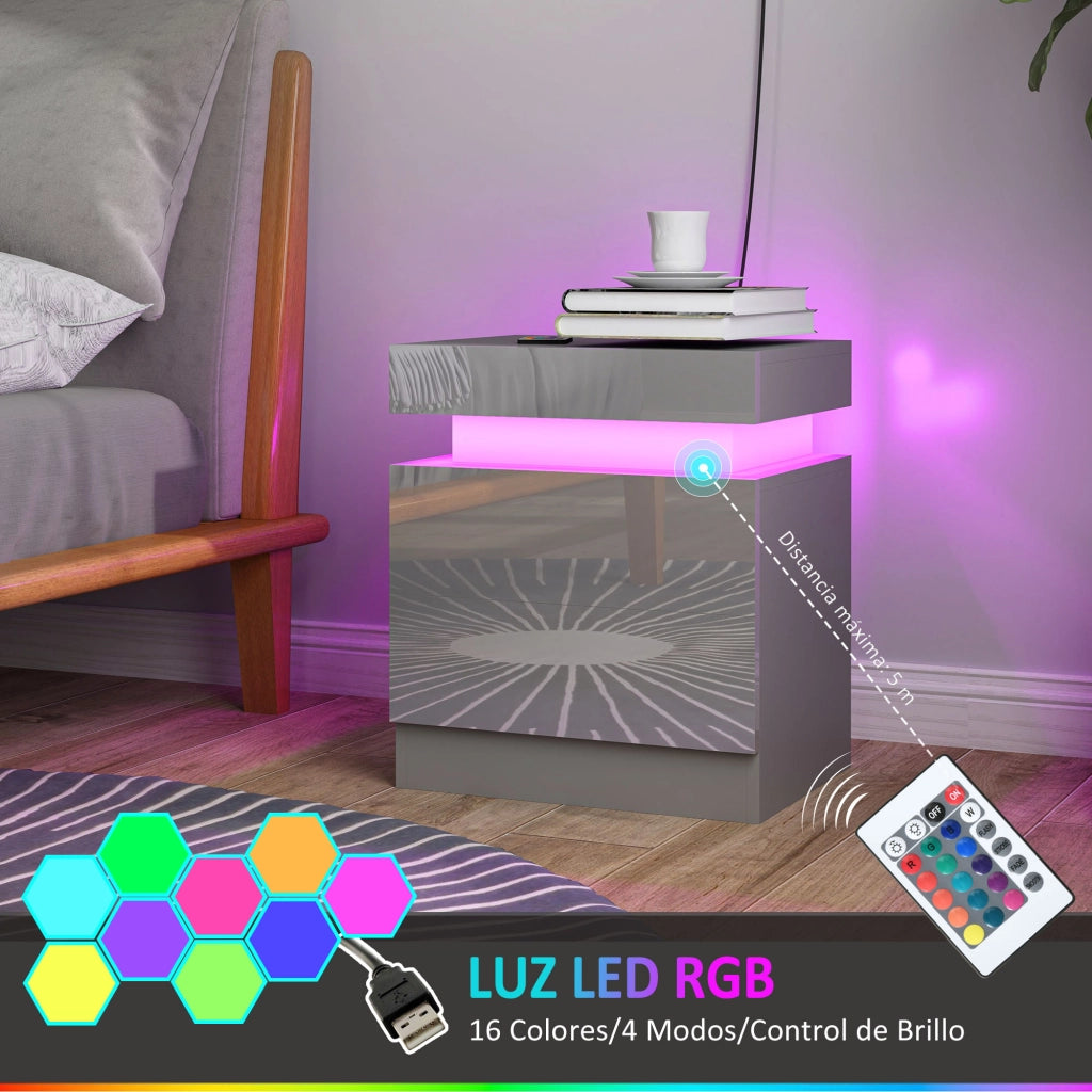 Comodino con Luci LED e 2 Cassetti ¨C Minimal ¨C 45x35x52 cm Grigio