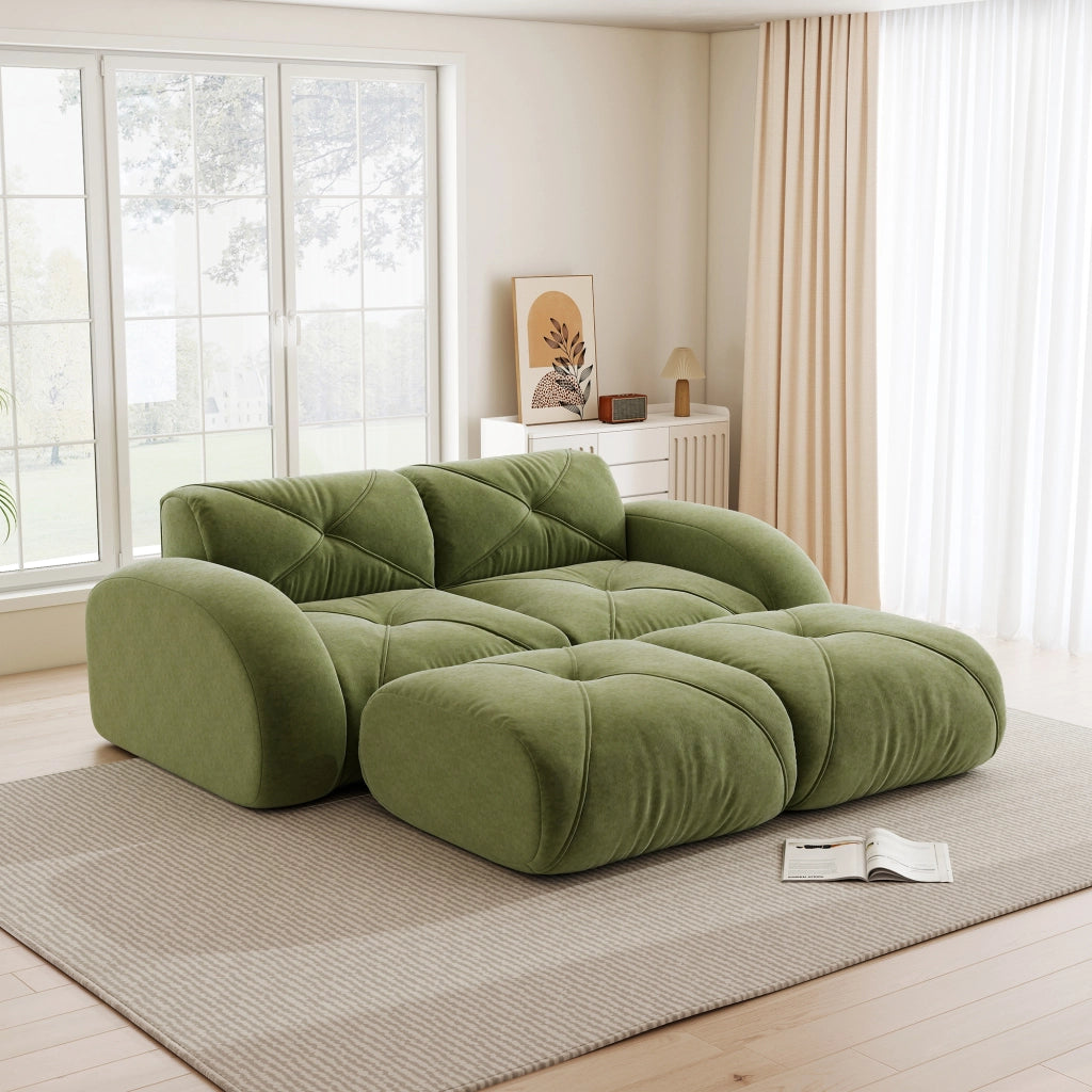 Divano modulare 2 posti con 2 pouf; schiuma 32D; tessuto chenille; verde