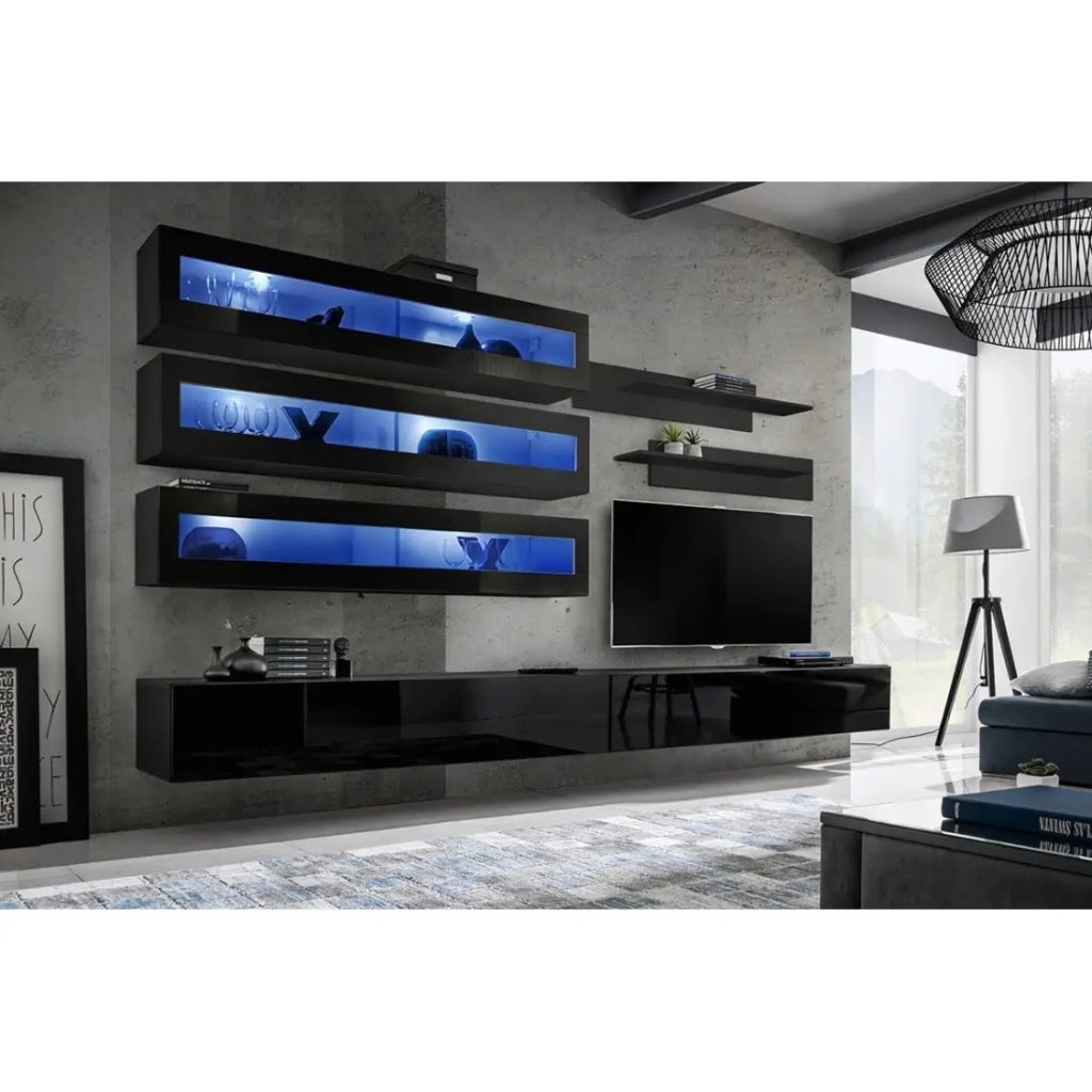 Set di mobili sospesi con LED della collezione FLY J2. Colore nero.