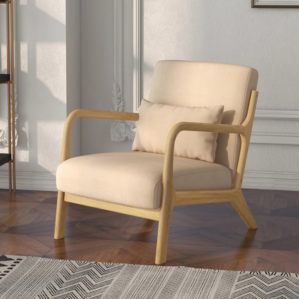 Poltrona lounge ¨C Xylo ¨C tessuto beige con cuscini e braccioli in legno