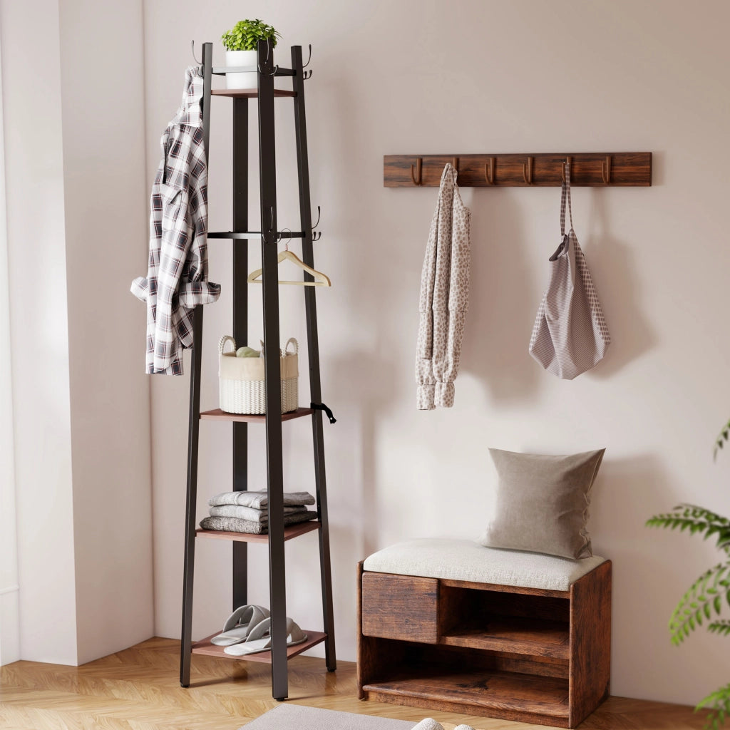 Appendiabiti con scaffali ¨C Zephmum ¨C Marrone, metallo e legno, 4 livelli