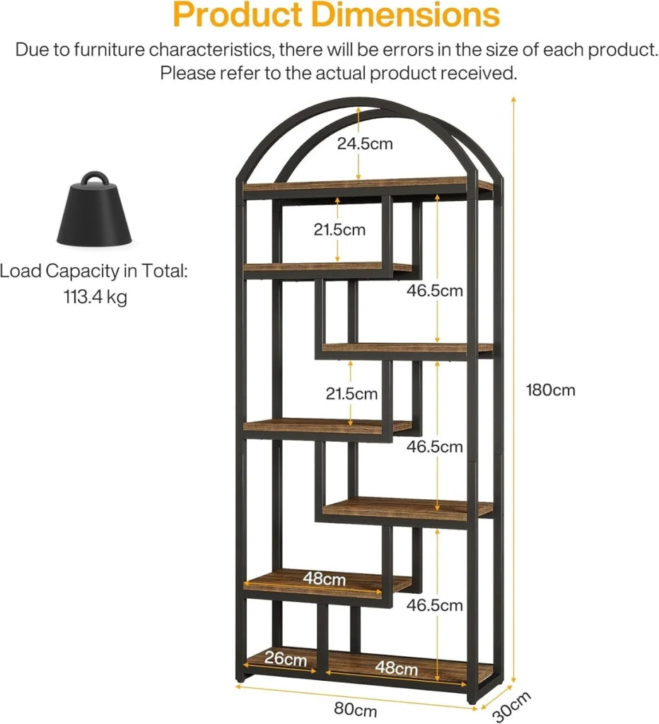 Libreria a 7 ripiani in MDF e metallo nero, scaffale industriale aperto con finitura marrone rustico, h 180 cm