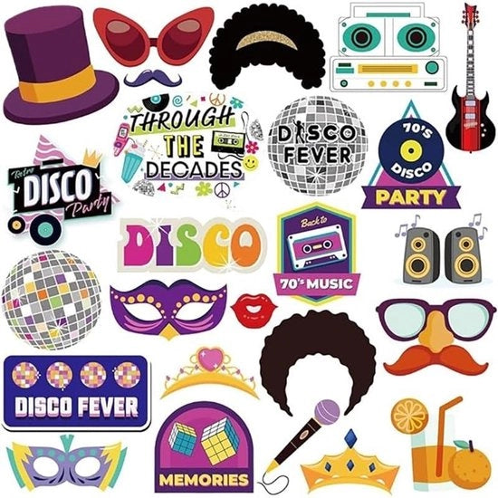 Kit di accessori fotografici da 25 pezzi - Stile anni '70 - Accessori per feste - Fotocabina - Bastone di bambù - Scatola robusta in cartone