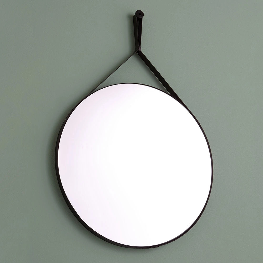 Specchio bagno rotondo con laccio pelle nera