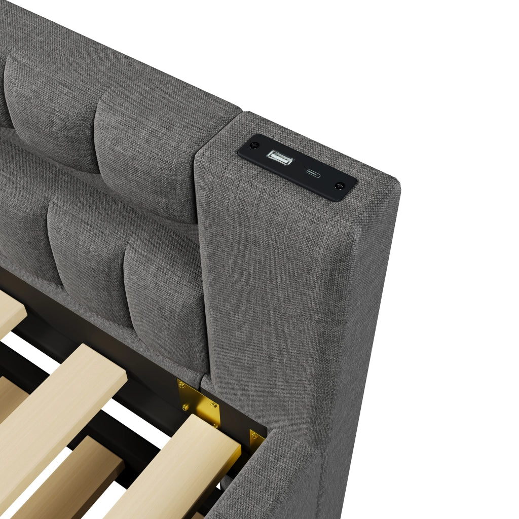 LETTO estraibile 90x200 cm in lino grigio, con LED e USB + Type-C