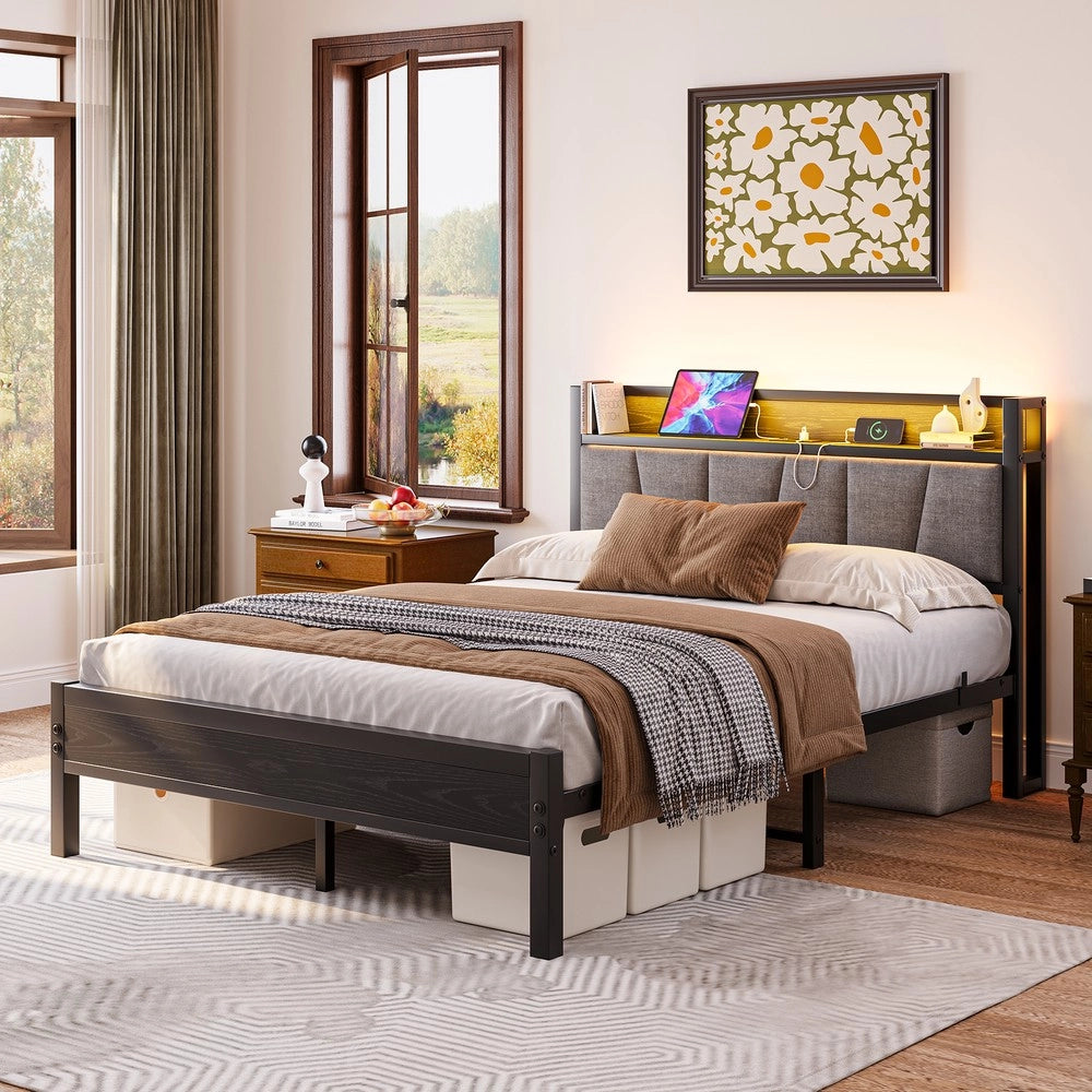 Letto Matrimoniale con LED e USB ¨C MINIMAL ¨C Metallo 140x190