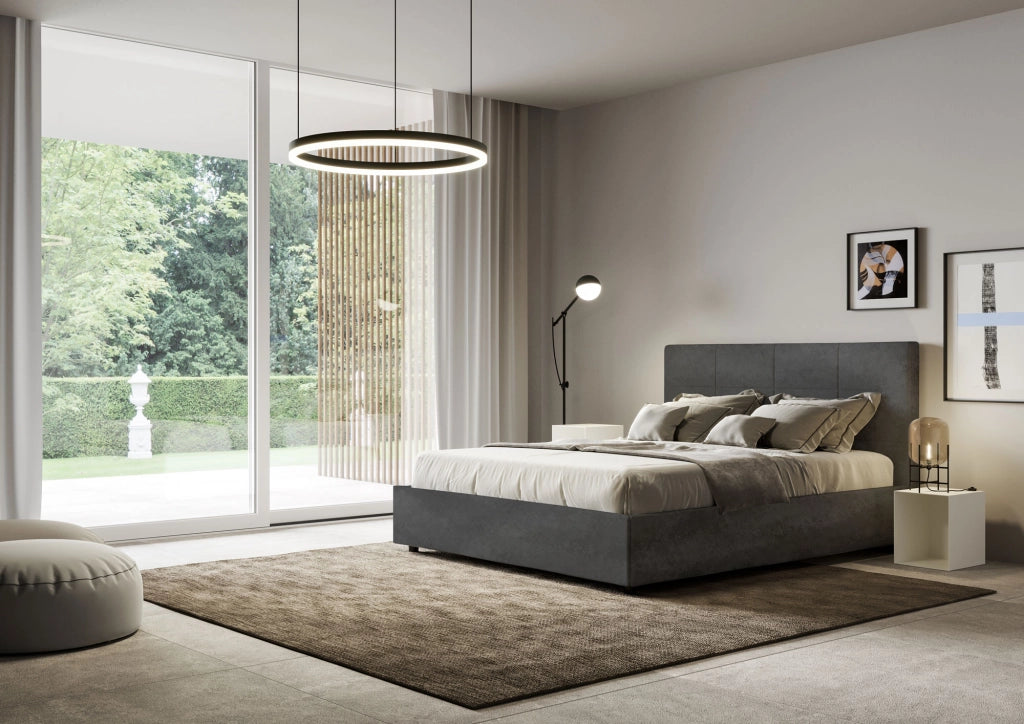 BS COM Letto queen size con rete imbottito 150x190 microfibra grigio