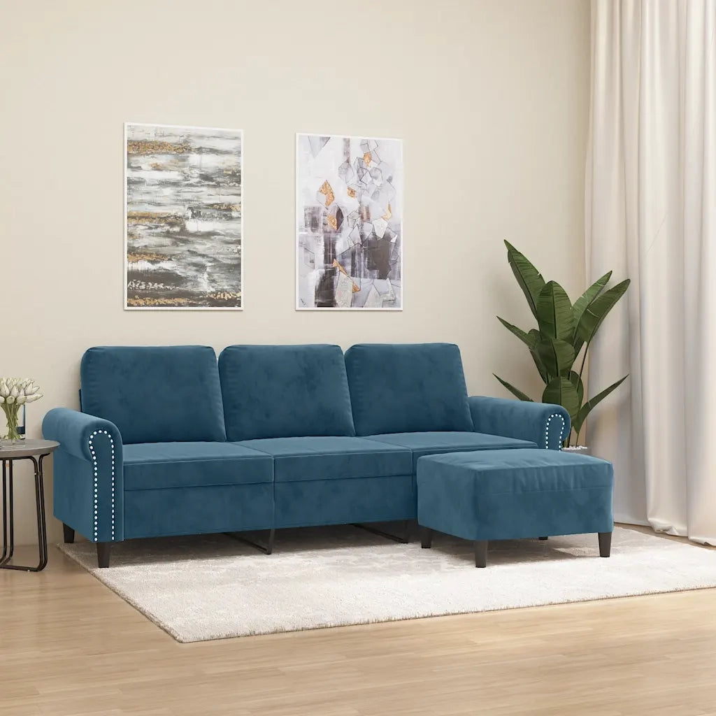 Divano a 3 Posti con Poggiapiedi Blu 180 cm in Velluto 3201224