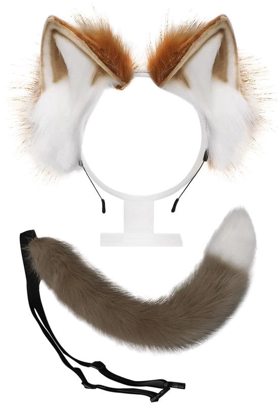 Costumi per gatti - Fascia con orecchie di gatto - Coda in piuma - Accessori per costumi - Marrone/Bianco - 10 cm Dimensione - Costumi per gatti