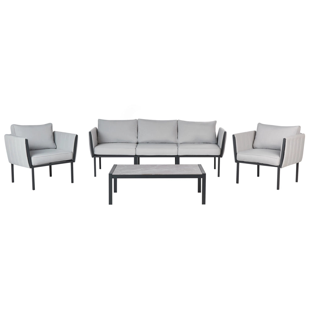 Set da giardino 5 posti con divano 2 poltrone grigio chiaro in acciaio con Cuscini