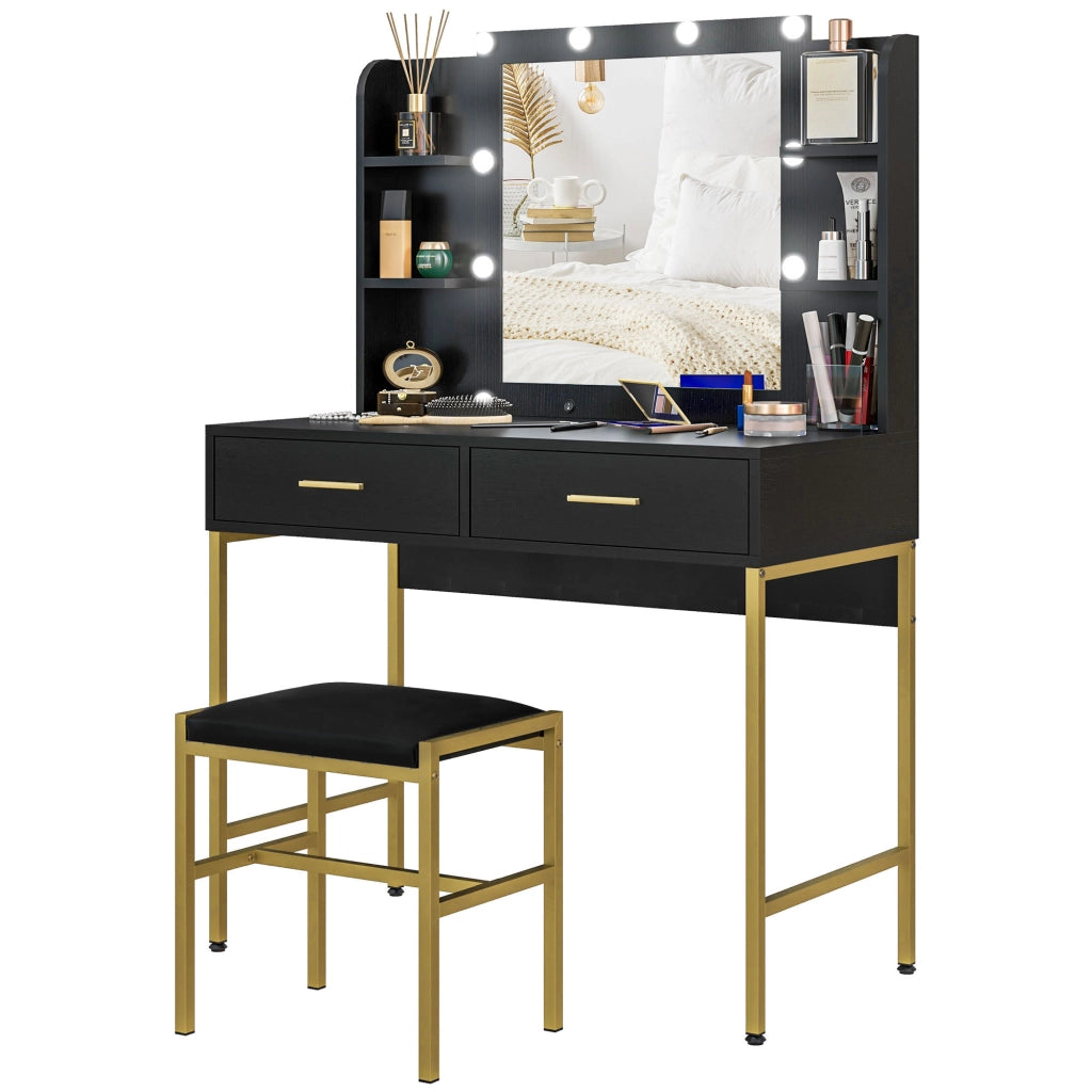 Cassettiera da trucco con specchio e luci, sgabello imbottito ¨C Minimal ¨C nero