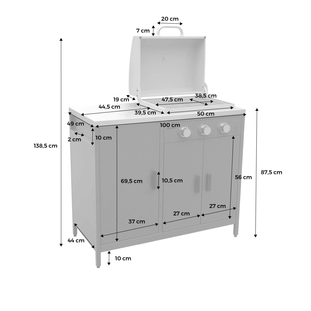 Modulo cucina da esterno in metallo con barbecue a gas a 3 bruciatori,