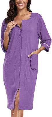 Camicia da notte per donna con zip, giacca leggera in cotone 100%, camicia da notte con maniche 3/4 e tasche (viola, 2XL)