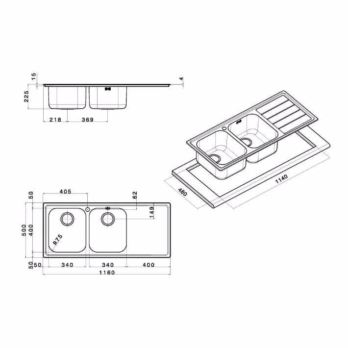 Apell LN1162IRBC Linear Lavello da Incasso 2 Vasche 116x50 cm colore Inox