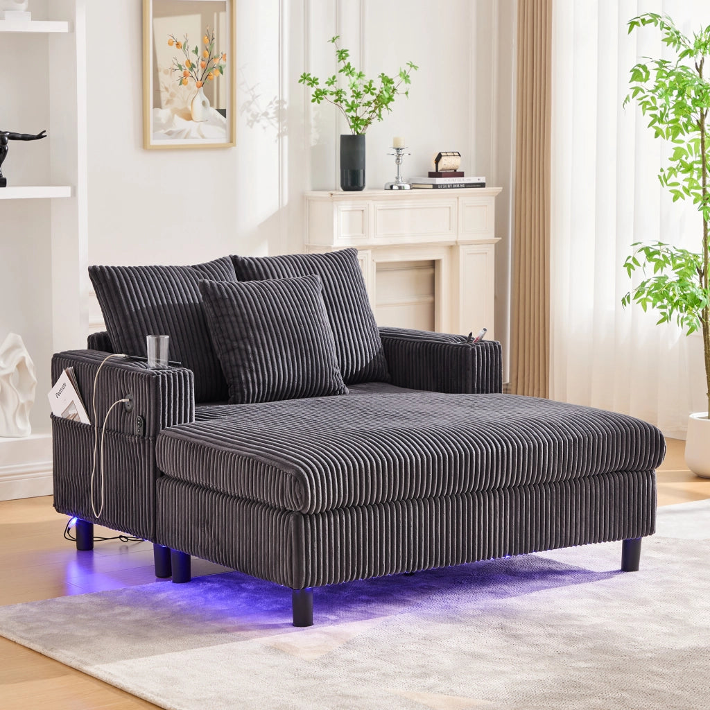 Chaise Longue Reclinabile con LED e USB ¨C MINIMAL ¨C Velluto, Grigio