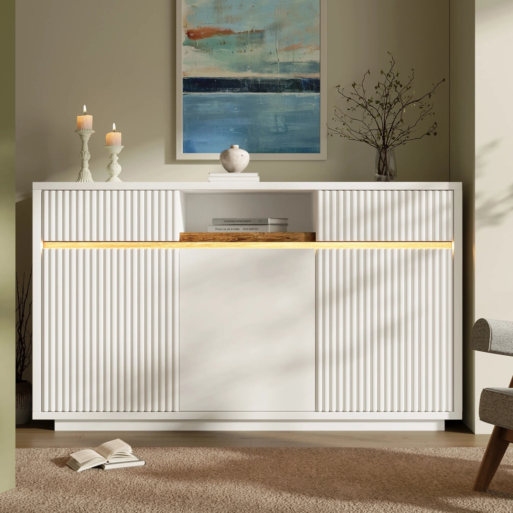 COMÒ bianco 140x40x85 cm con LED, 2 cassetti e 3 ante
