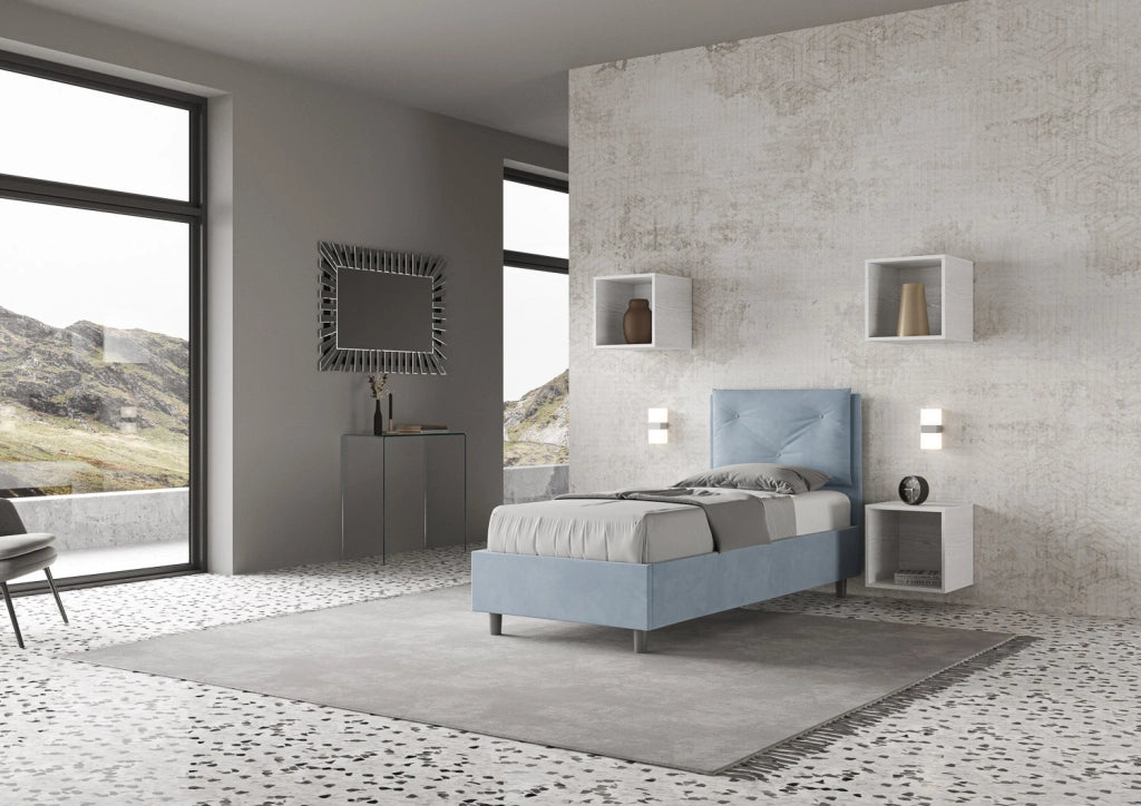 BS COM Letto singolo con rete imbottito 80x210 microfibra azzurro