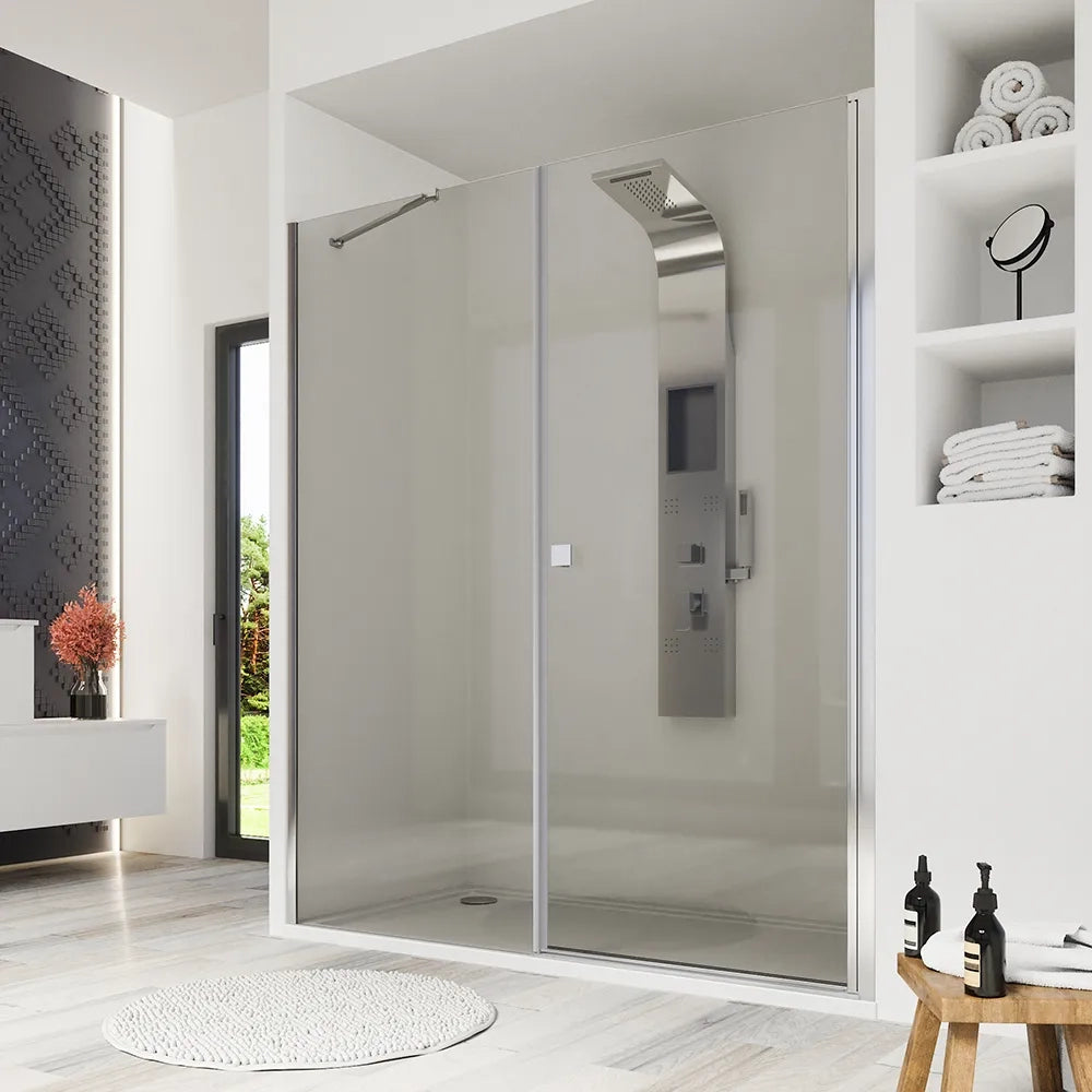 Porta doccia 141-145cm profili cromati apertura a battente e parete fissa vetro 8mm trasparente h195 | Fiji