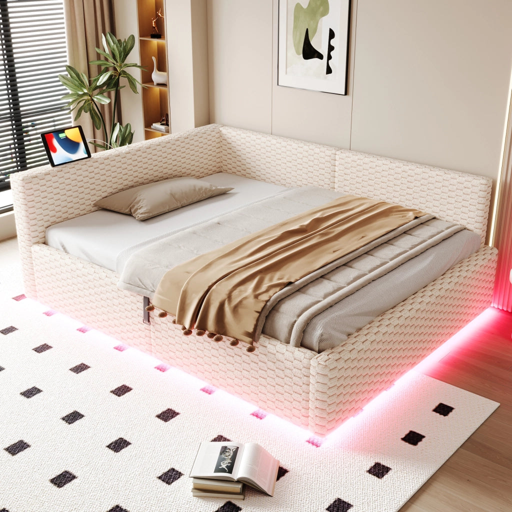 Letto Imbottito 140x200 con LED e USB ¨C MINIMAL ¨C Velluto Beige, Idraulico