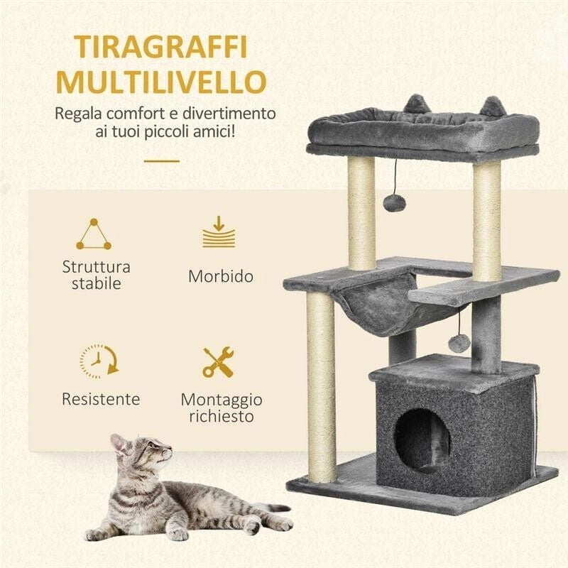 ALBERO PER GATTI CON TIRAGRAFFI IN CORDA SISAL, CASETTA, CUSCINO E AMACA, RIVESTIMENTO IN PELUCHE E FELTRO 100CM H GRIGIO