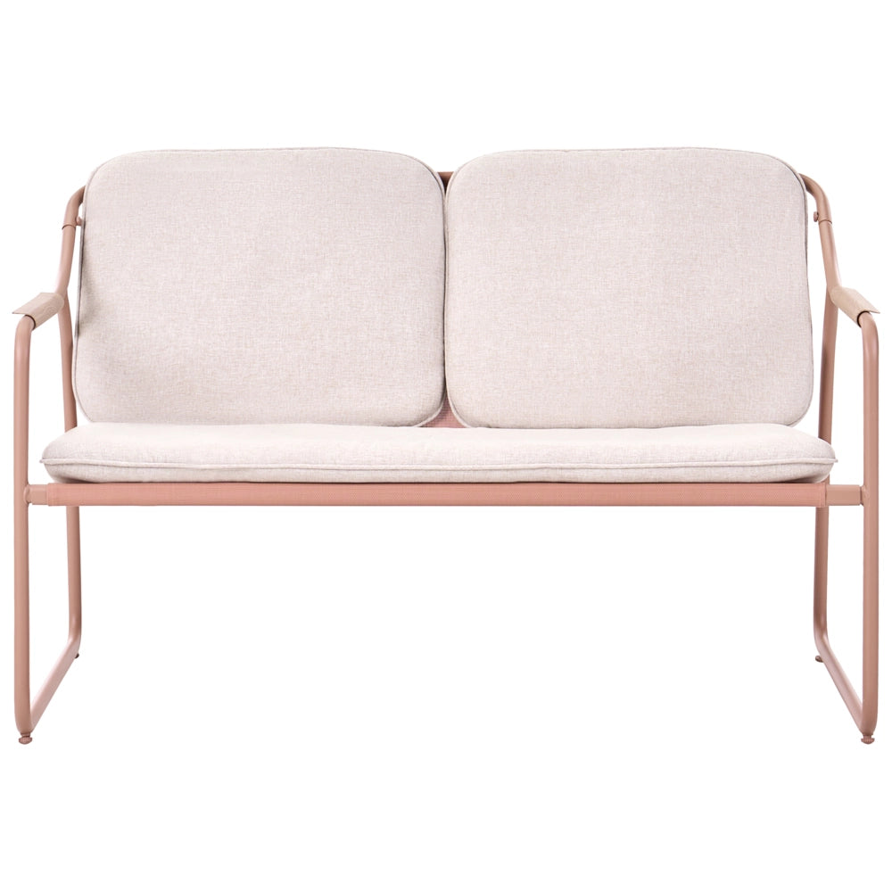 Set da giardino con divano a 4 posti, struttura in acciaio beige, cuscini in olefina e tavolino in vetro temperato: set da per esterni
