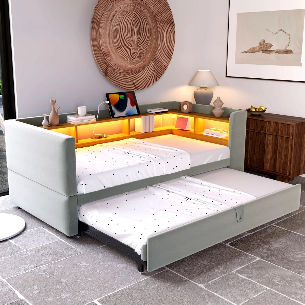 DIVANO LETTO Estraibile 90/180 x 190 cm Grigio Chiaro con LED e prese