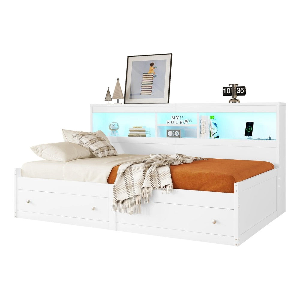 Letto Singolo con Divano, Comodino, LED e Cassetti ¨C MINIMAL ¨C Bianco 90x200