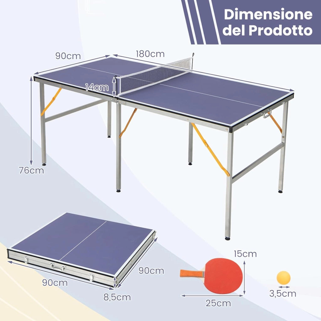 Tavolo da Ping Pong, Tavolo da Ping-Pong Pieghevole e Portatile con Rete, 2 Racchette, 3 Palline e Piedini Regolabili, Ideale per Interno ed Esterno