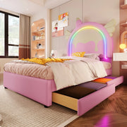 Letto Imbottito Singolo con Cassetti e LED ¨C MINIMAL ¨C Rosa, PU, 90x200