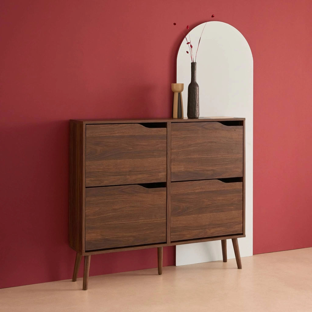 Scarpiera con decoro effetto legno, 4 ante, noce