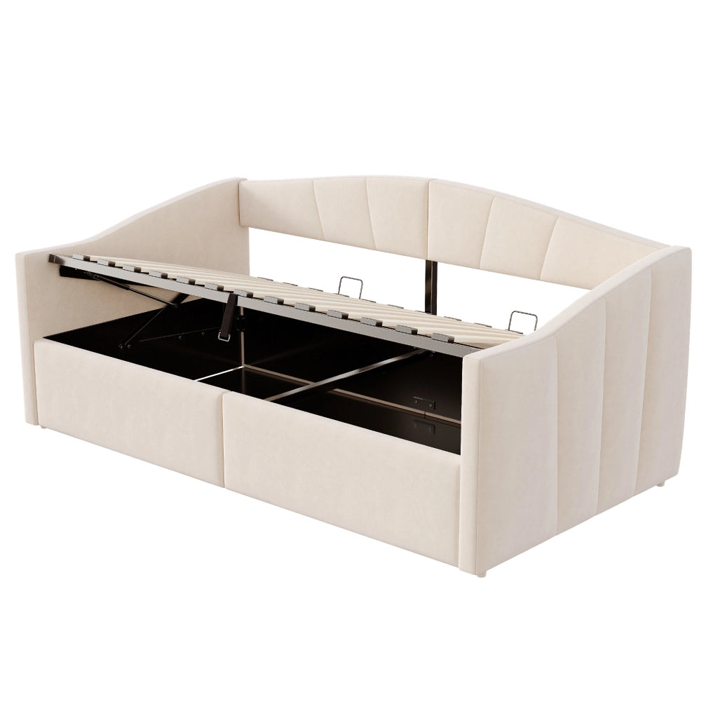 Letto sofà con contenitore in velluto beige 90x200 cm