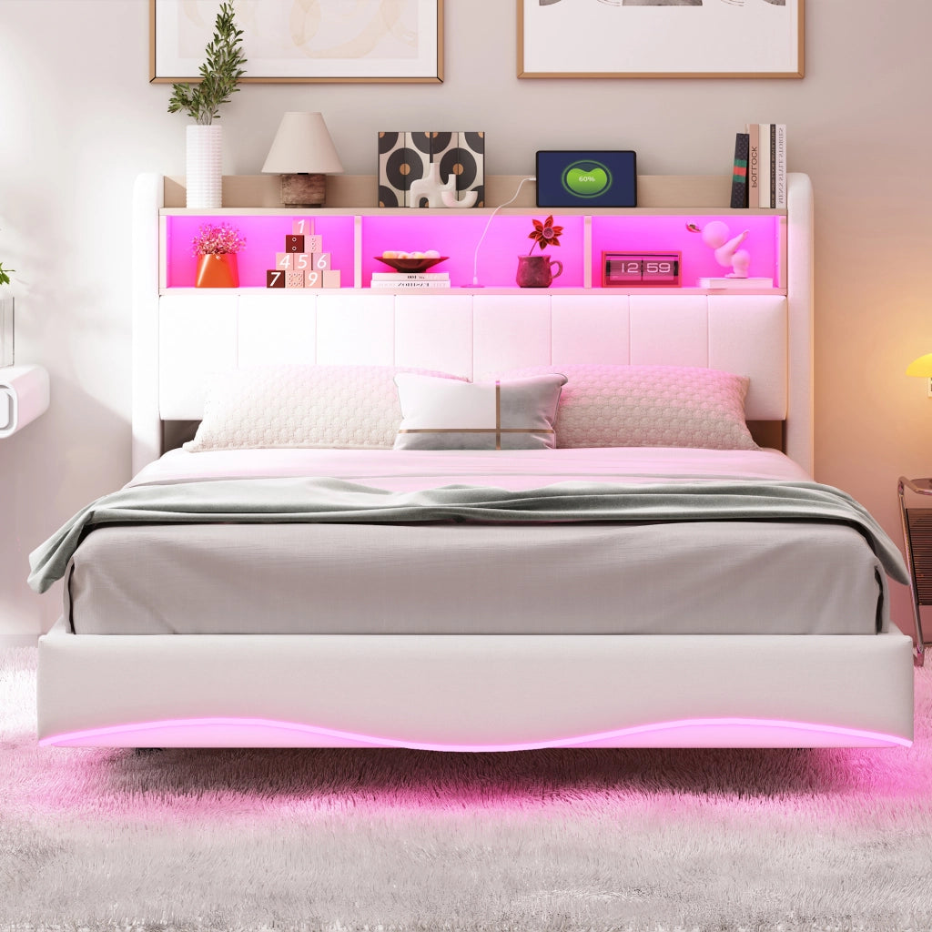 LETTO sospeso 140x200 cm beige in tessuto con LED, USB e Type-C