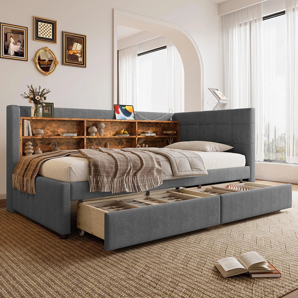 Divano letto 90x200cm?- Xylo - 2 cassetti USB-C lino grigio