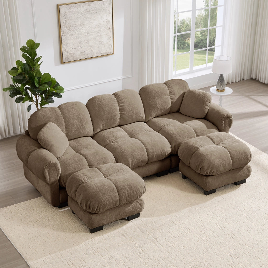 Divano angolare a U 3 posti con pouf mobile e 2 cuscini, Chenille, Marrone