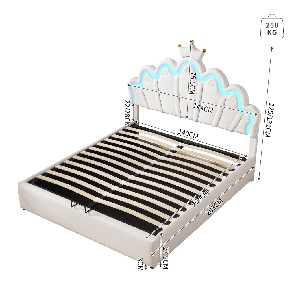 DESMIU Letto contenitore 140 × 200 cm 2 posti con LED regolabile e vano idraulico, senza materasso, PU bianco