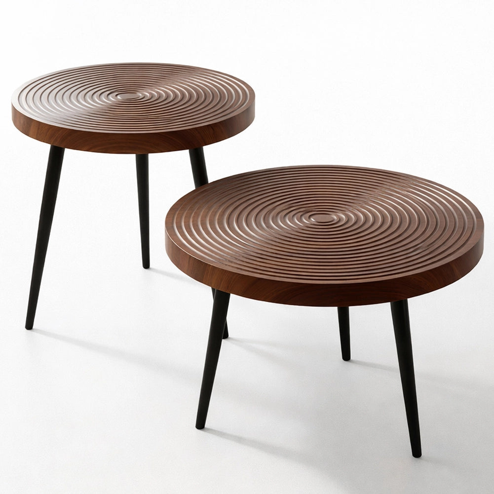 Set 2 Tavolini da Caffè Rotondi Ø60 cm e Ø50 cm Design Industrial in MDF e Metallo Noce