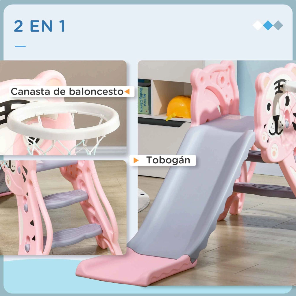 Scivolo per Bambini con Canestro e Scale ¨C Xylo ¨C Rosa e Grigio 133x60x70cm
