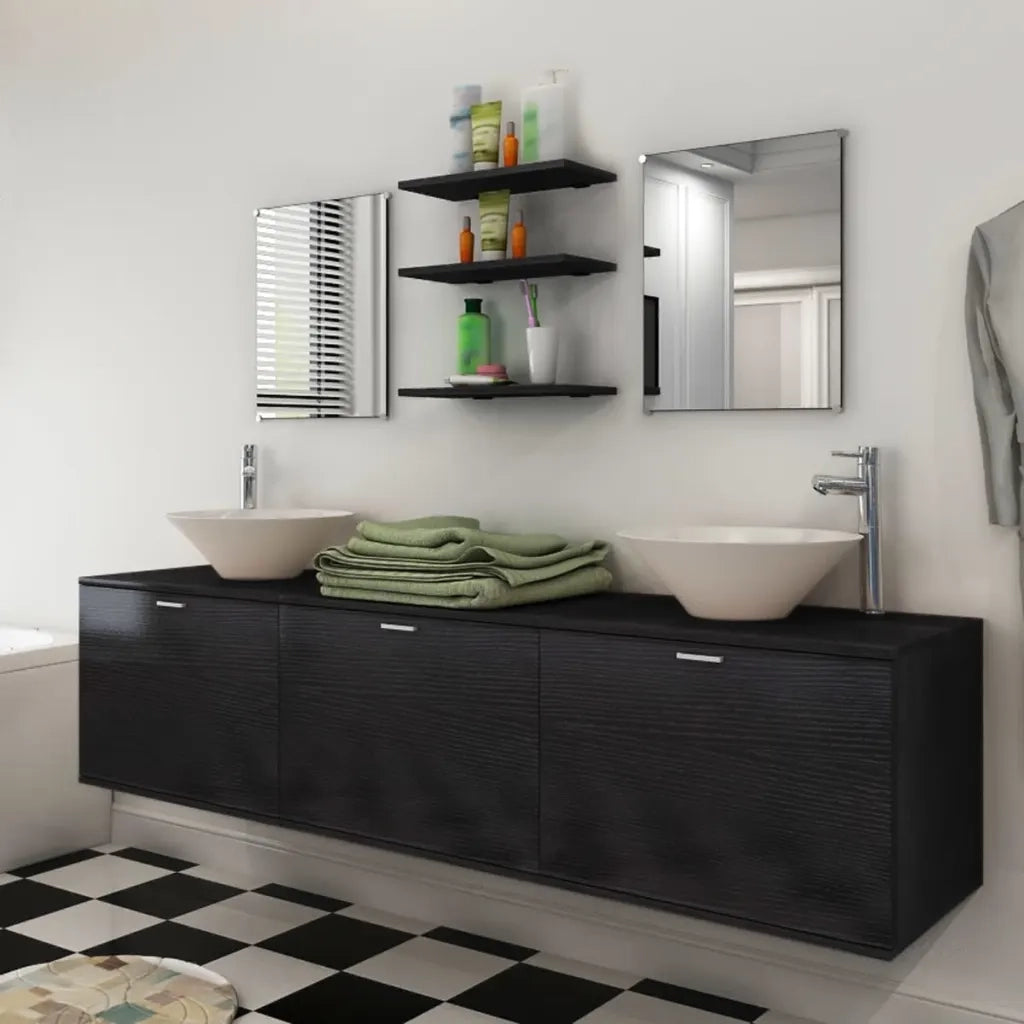 Set Mobili da Bagno 10 pz con Lavabo e Rubinetto Nero 273691